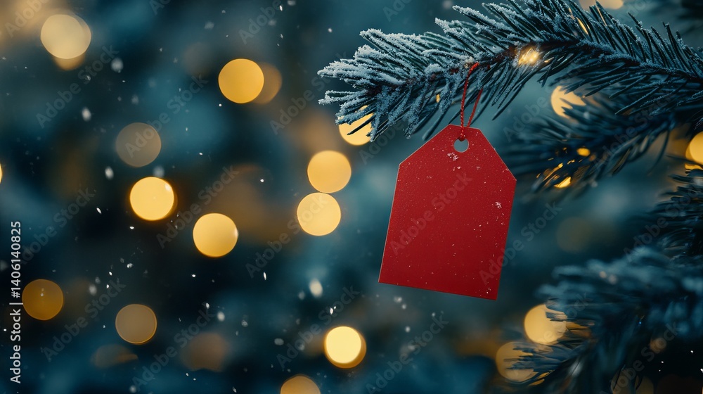 Poster a christmas tree branch with a red tag hanging on it and blurred lights in the background scene view