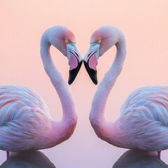 Naklejka premium Flamingo in symmetrical stance with golden hour lighting and mirrored composition, with negative space above