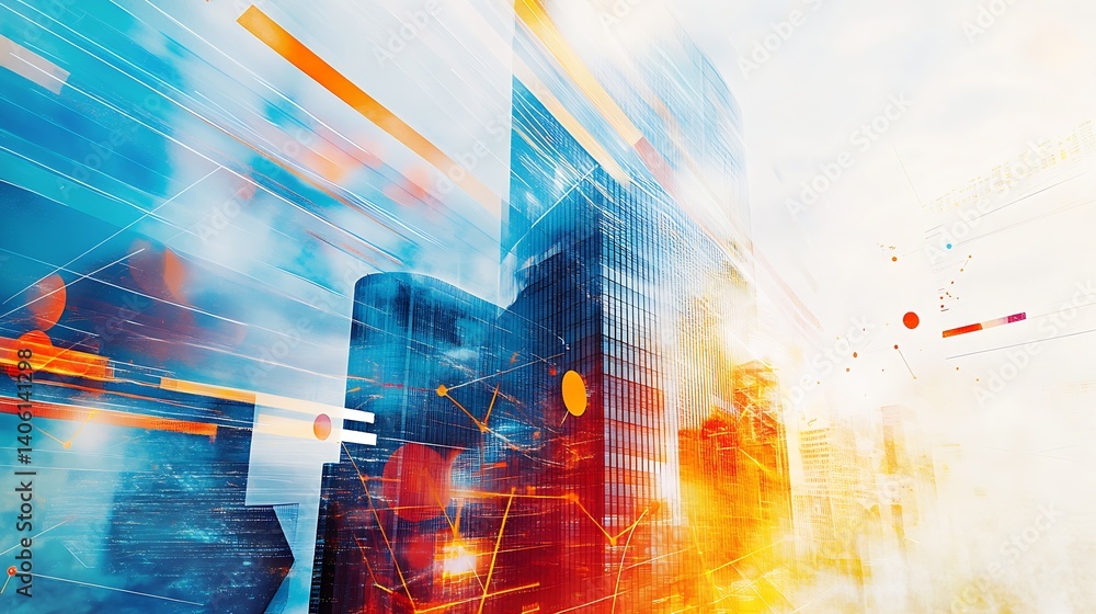 Aufkleber Dynamic cityscape showcasing futuristic urban architecture with vibrant abstract colors and patterns : Generative AI