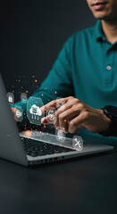 Cloud Computing: Man Leveraging Data & Tech on Laptop. Secure Online Storage & Networking.