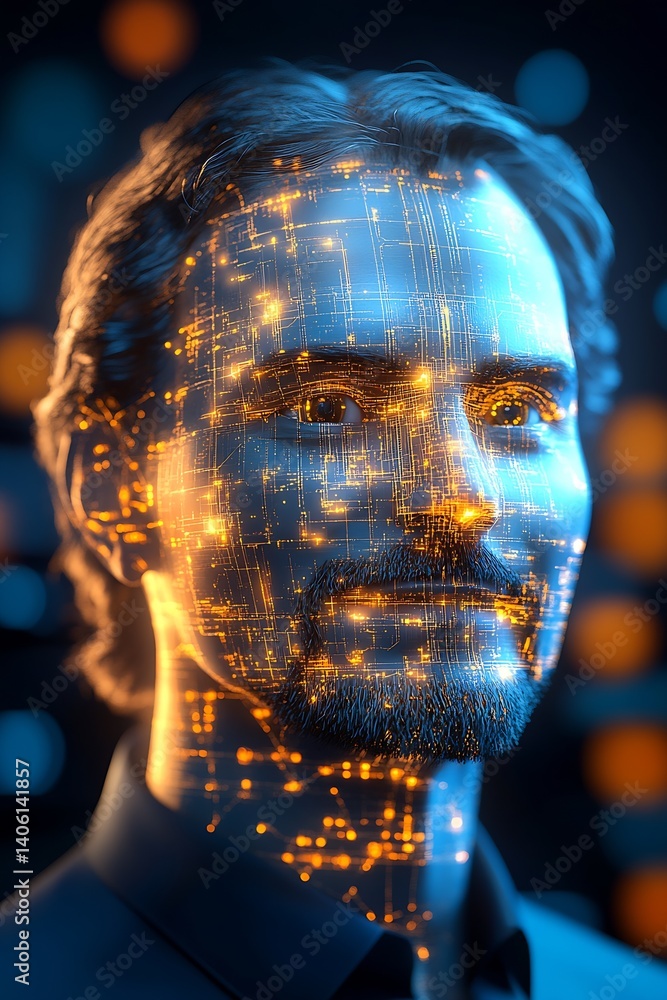 Poster Handsome male figure with intricate digital overlays highlighting the intersection of human identity and technology in the future : Generative AI