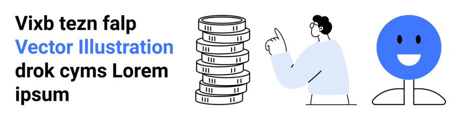 Fototapeta premium Stacked coins, person pointing upward, smiling blue face. Ideal for ideas, teamwork, finance, growth motivation creativity simple landing page. Line metaphor. Simple line icons