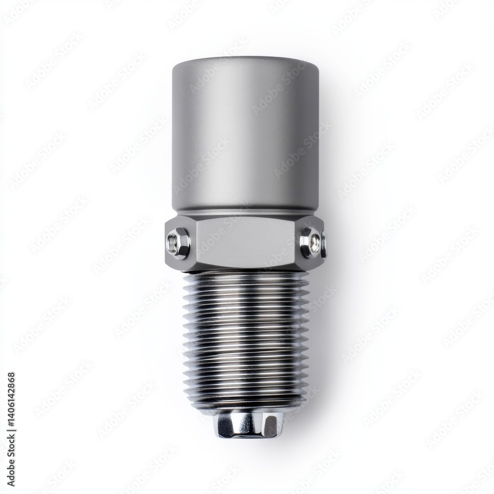 Poster silver metal industrial connector with threaded base and smooth top for various applications in engi