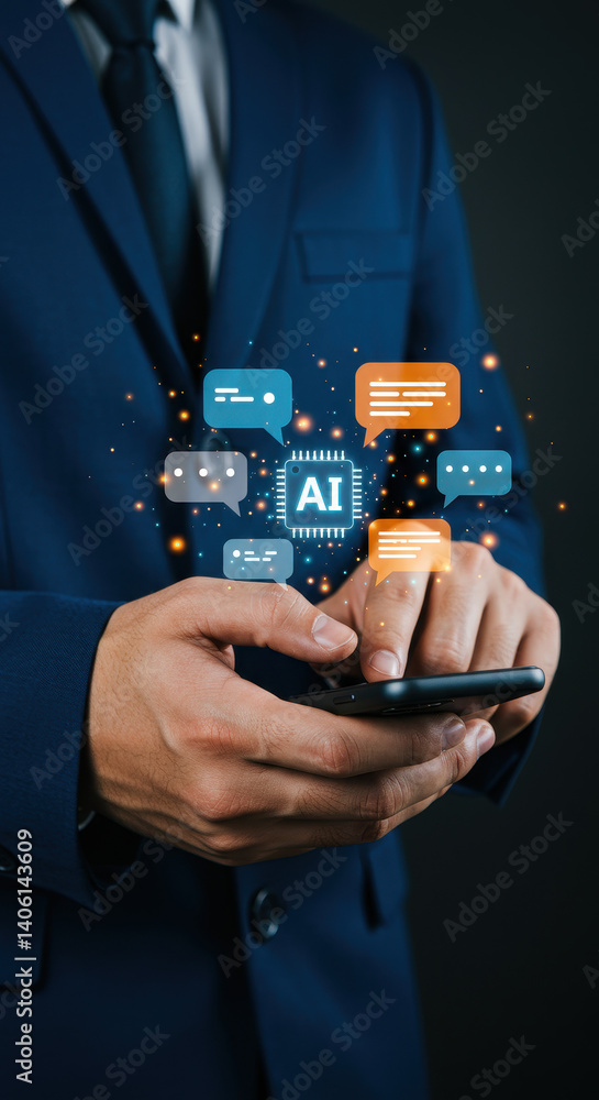 Poster ai-powered communication: businessman using ai chat on phone for smart, efficient interactions & bus