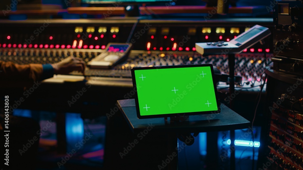 Poster African american tracking engineer works with greenscreen, operates audio console with moving faders and colored meters. Specialist pressing buttons and faders to edit audio recordings. Camera A.