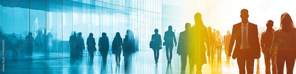 Poster dynamic scene of business professionals in motion walking through contemporary office space : genera