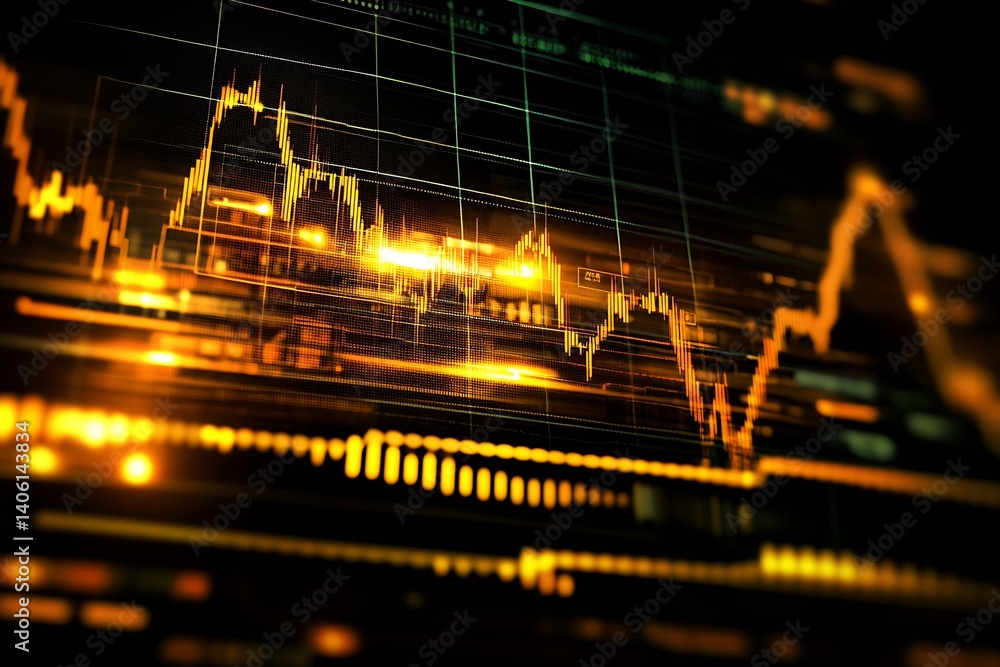 Poster dynamic stock market graph with glowing orange lines and data visualization elements for financial a