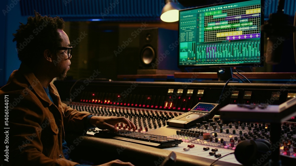 Poster Tracking engineer processing and mixing sounds in control room with audio console and professional editing software on computer. Music production expert uses motorized faders and knobs. Camera B.