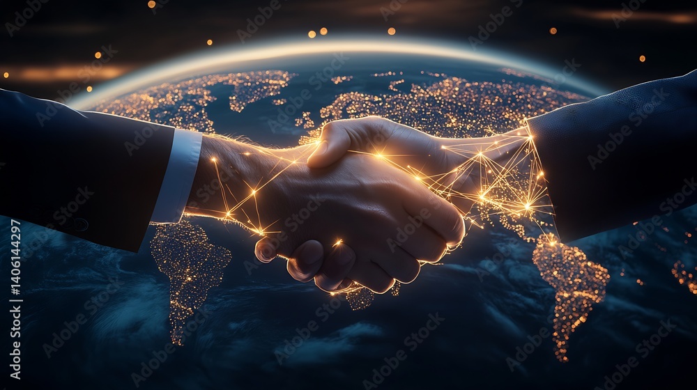 Aufkleber Dynamic Handshake Between Two Professionals Symbolizing Global Partnerships and Business Relations : Generative AI