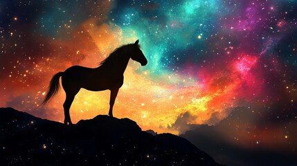 Silhouette of horse on a hill against a colorful nebula and starry sky artistic background image