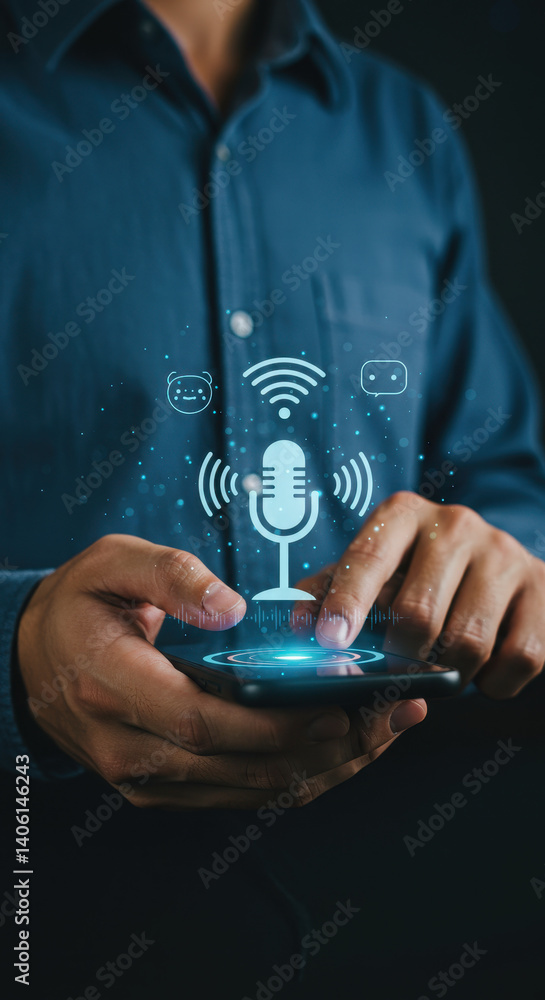 Poster voice ai: man using voice assistant app on smartphone. talk to ai, audio tech & modern voice control