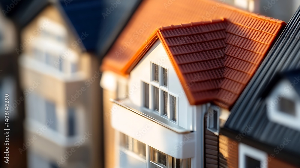 Poster close-up view of a miniature house with a charming roof showcasing detail in residential architectur