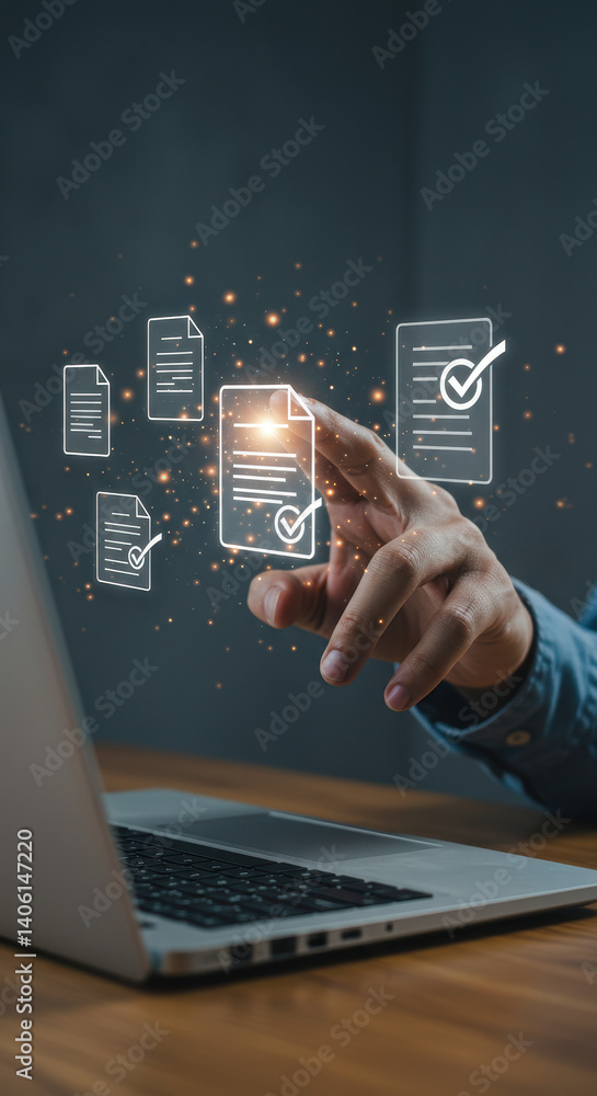 Poster streamline documents online: hand on digital file, workflow automation, checklist, and task manageme