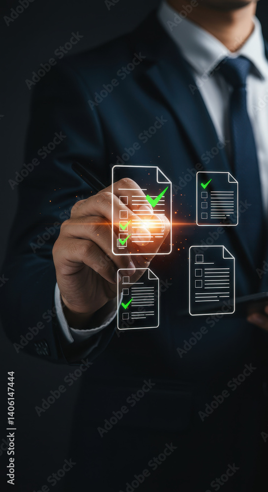 Poster compliance check: businessman verifying documents digitally with glowing checkmarks - digital transf