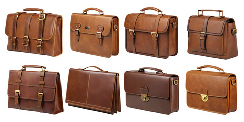 various brown leather briefcases on transparent background