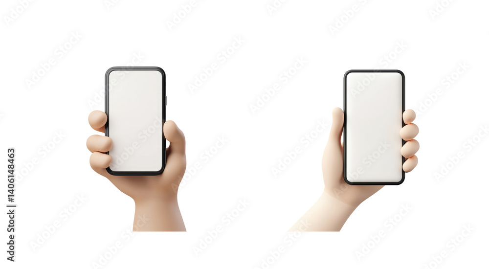 Poster different views of smartphone with cartoon character holding tablet displaying blank screens