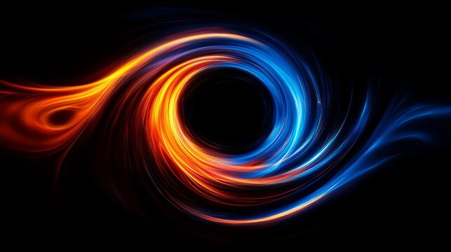 Abstract glowing vortex with orange and blue light trails against a dark black background space effect