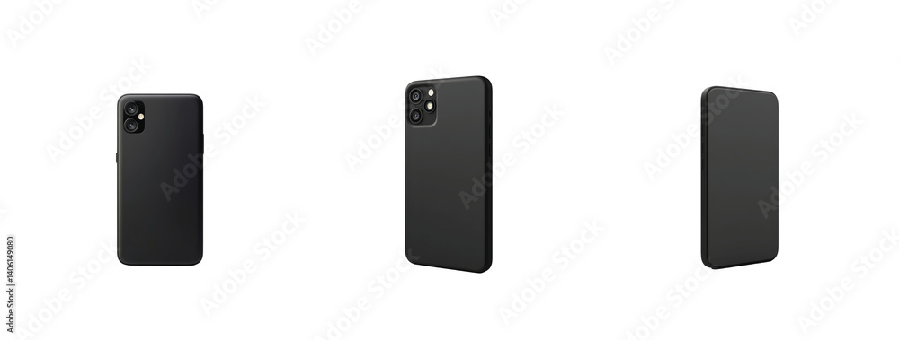 Poster sleek black smartphone displaying different angles 3d