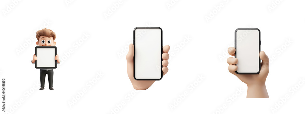 Aufkleber different views of smartphone with cartoon character holding tablet displaying blank screens 3d