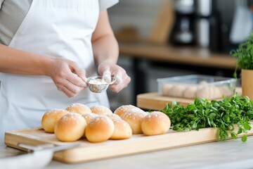 Baker sprinkling sugar on rolls baking pastries preparing food ingredients