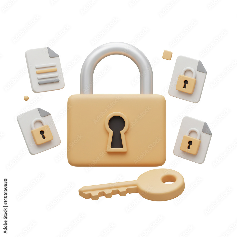 Poster 3d illustration securing data files with padlock and key for privacy