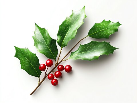 A sprig of holly with vibrant red berries rests on a clean white background.  The leaves are glossy and green. Perfect for holiday cards and festive designs.