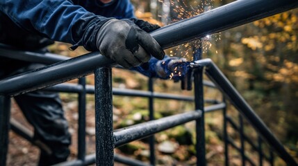 Welder assembling a metal staircase railing with a precision arc weld. Featuring safety and durability