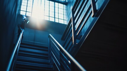 Fototapeta premium Welder assembling a metal staircase railing with a precision arc weld. Featuring safety and durability
