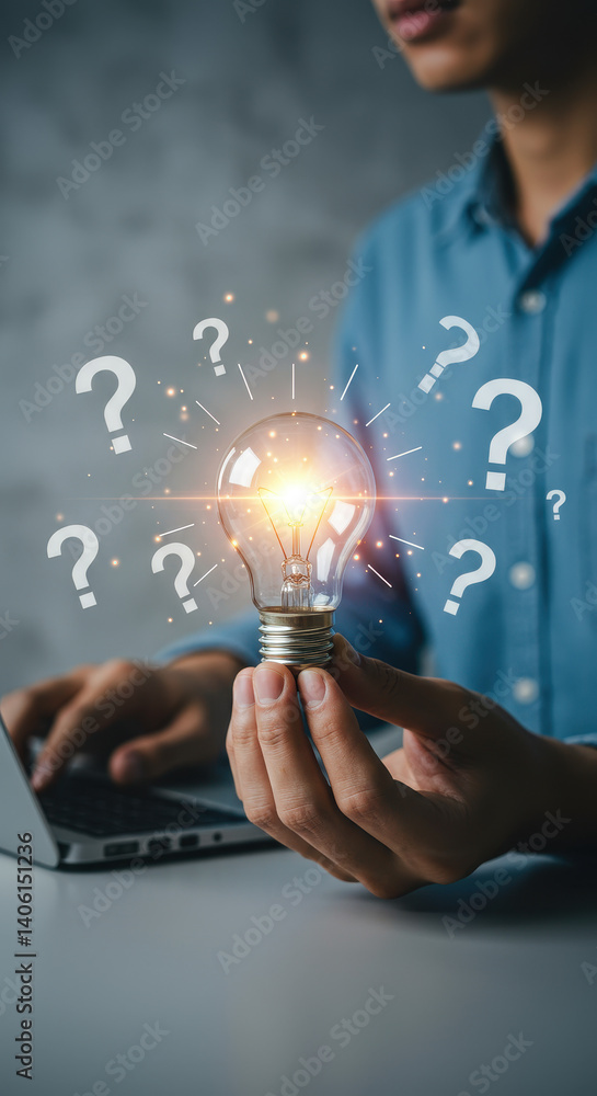 Poster idea bulb: solve problems, find answers, innovation & creativity concept. man holds lightbulb surrou
