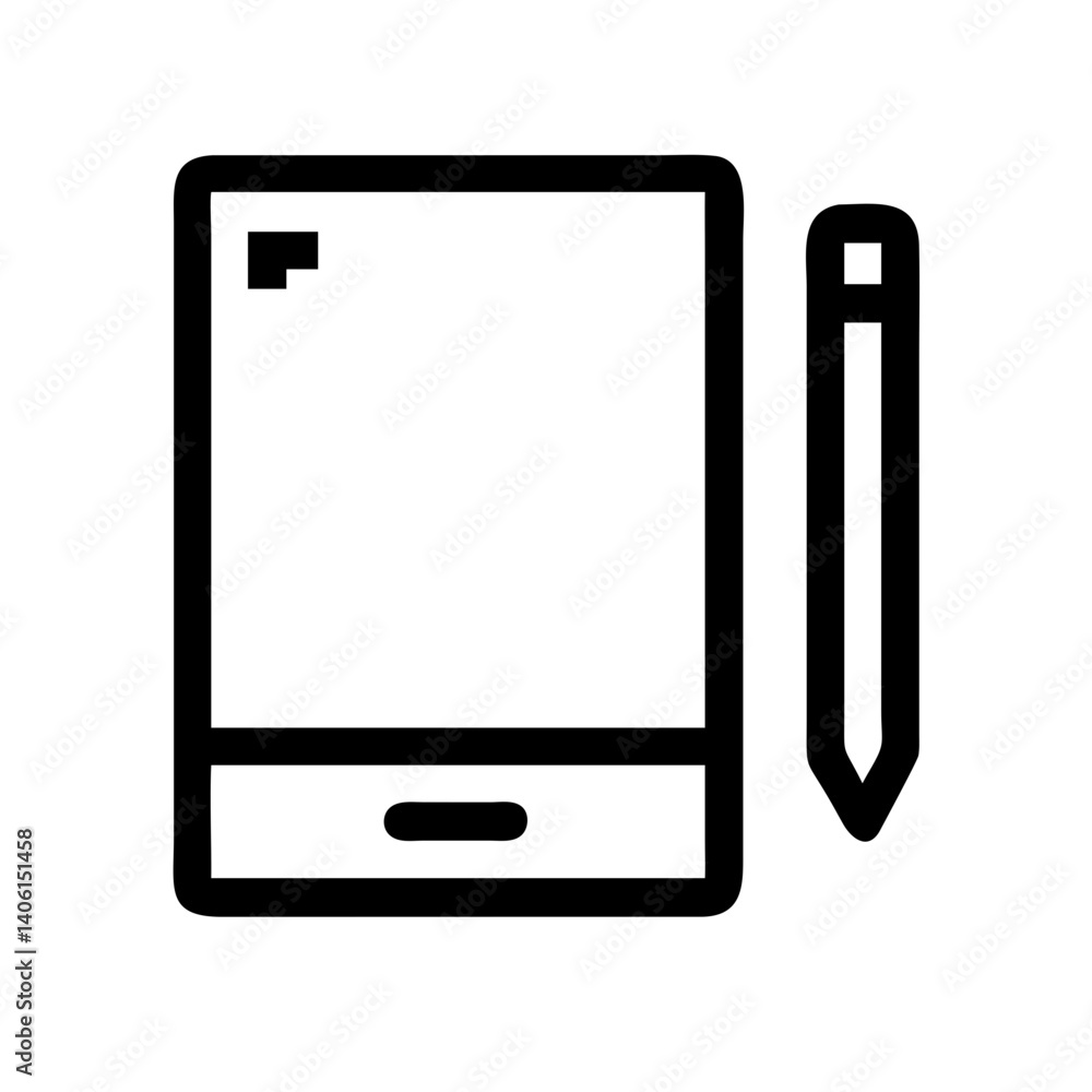 Poster tablet icon with a stylus in a minimalist style representing technology on a white background
