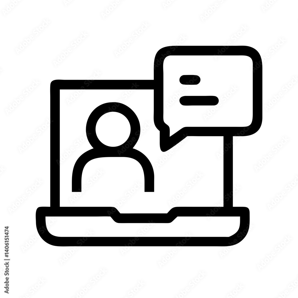Poster video call icon depicting a laptop with a participant and a speech bubble in a minimalist style on a