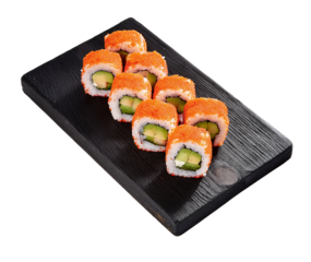 Sushi Delight: A close-up shot captures the enticing allure of freshly made sushi rolls, artfully arranged on a dark wooden board, promising a taste of exquisite culinary artistry.