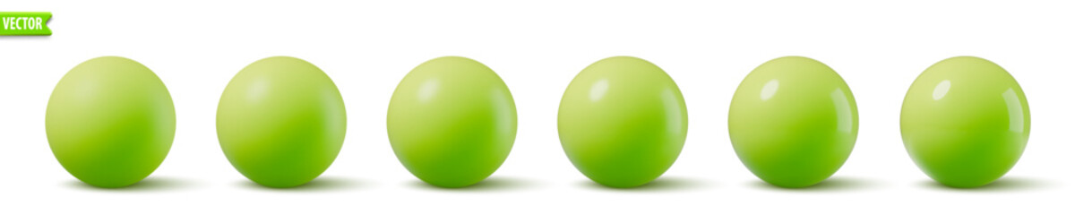 Glossy green spheres. 3D model bubble collection realistic yellow balls with smooth surfaces and shadows. Ideal for backgrounds mockup object modern design. Vector illustration shiny plastic globe set