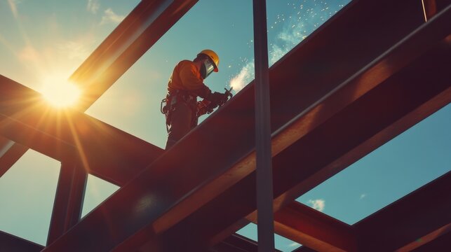 Welder using a welding torch to join metal beams on a building. Featuring welding precision and structural work