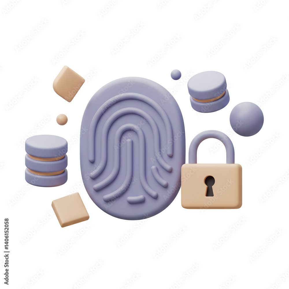 Poster 3d illustration securing digital identity fingerprint with database and padlock
