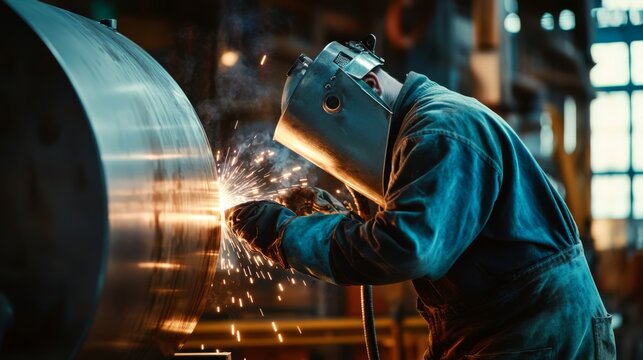Boilermaker welding a pressurized tank at an industrial facility. Featuring metal fabrication