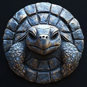 Ornate turtle sculpture set within a stone circle.