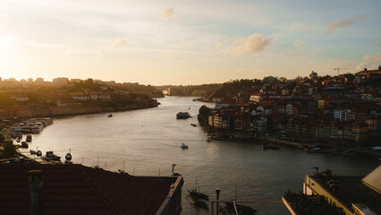 Aerial view of Porto and Douro River at golden hour