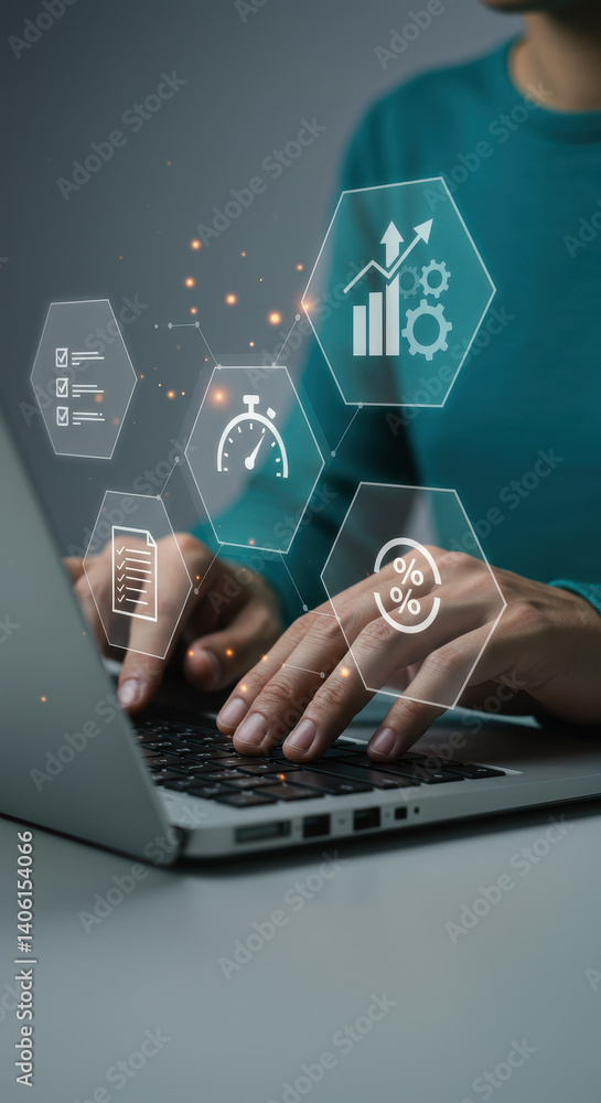 Poster optimizing performance: boost productivity with efficiency tools & analytics - laptop, business, tec