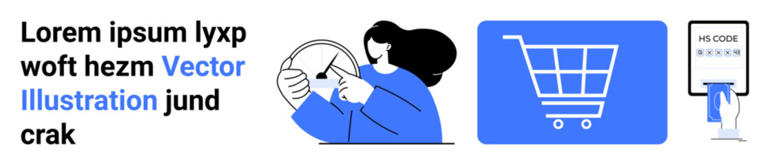 Woman interacting with device, shopping cart symbol, and payment confirmation on a digital receipt. Ideal for e-commerce, retail, online payment, shopping app, digital marketing, customer experience