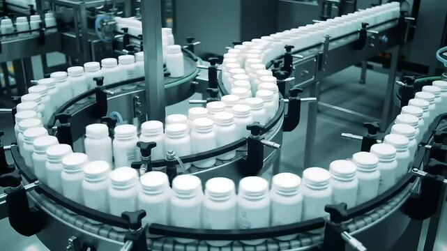 Rotary Conveyor at Pharmaceutical Production Plant with White Plastic Bottles Filled with Pills. Medication Manufacturing Process at Pharmaceutical Drug Factory