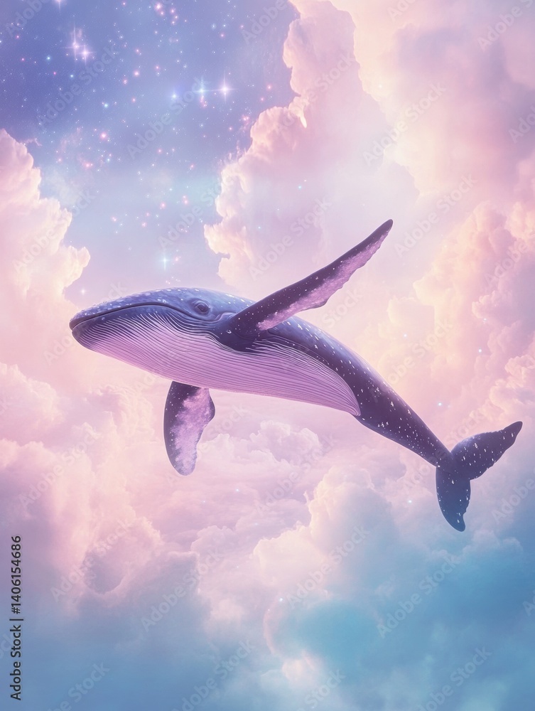 Poster whale with wings gliding through pastel clouds and stars in a surreal dreamy landscape capturing the