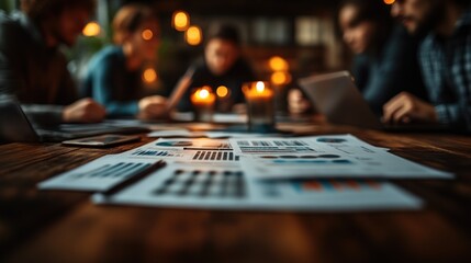 Business Team Collaborating in a Cozy Meeting with Candles and Data Charts
