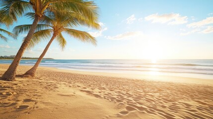 Obraz premium Beach scene with palm trees ocean and sand vacation travel destination
