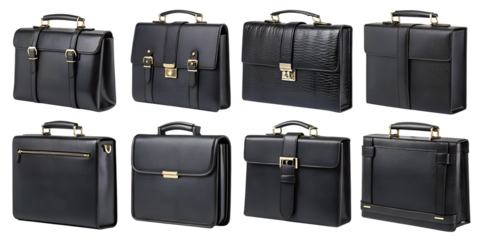 various black leather briefcases on transparent background