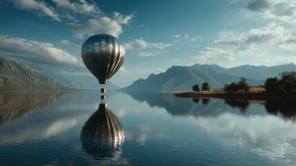 Reflective hot air balloon over a tranquil lake.