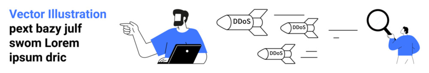 Modern worker pointing as job-related projectiles fly toward a magnifying glass in a professional analysis process. Ideal for recruitment, career growth, hiring, job search, business evaluation, team