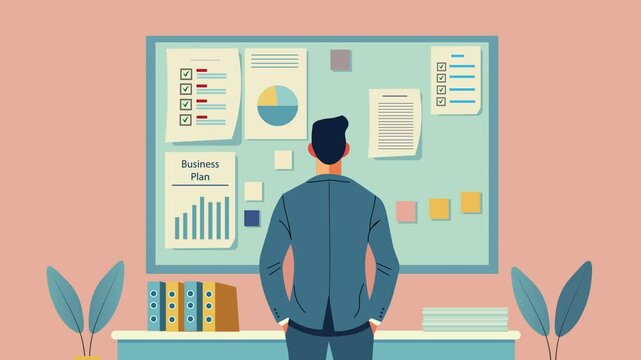 Businessman Planning Strategy Concept. Flat design Animation of businessman standing in front of a large whiteboard. cluttered with papers, sticky notes, graphs, flowcharts, and documents pinned.