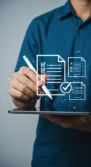 Digital Compliance: Man with Tablet & Checklist Graphic for Approval, Tasks & Paperless Workflow Solutions