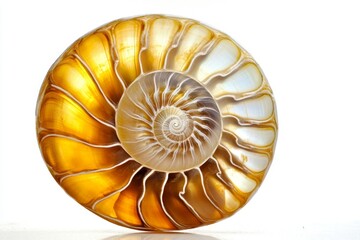 Obraz premium Golden Nautilus Shell Spiral Studio Shot, White Background, Decor